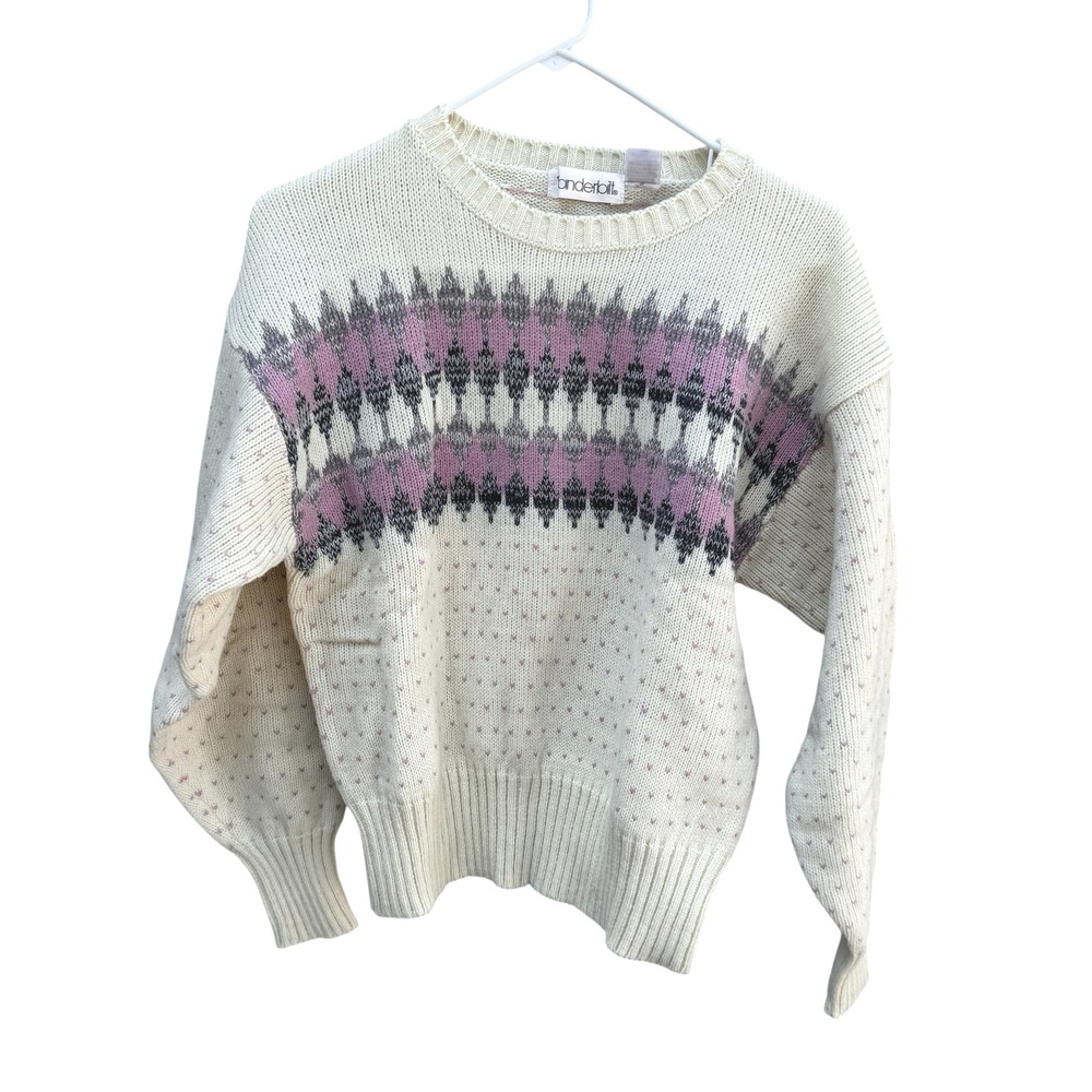 Vintage Vanderbilt Sweater Large Cream Purple Gray Geometric Knit Pullover NWT